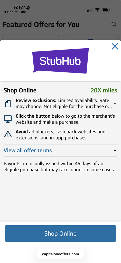 Capital One offer for StubHub showing "Shop Online" and "20X miles" with instructions to review exclusions and purchase through the merchant website. The 20X miles StubHub offer is shown as a as a way to earn even more miles in this Capital One Venture X review.