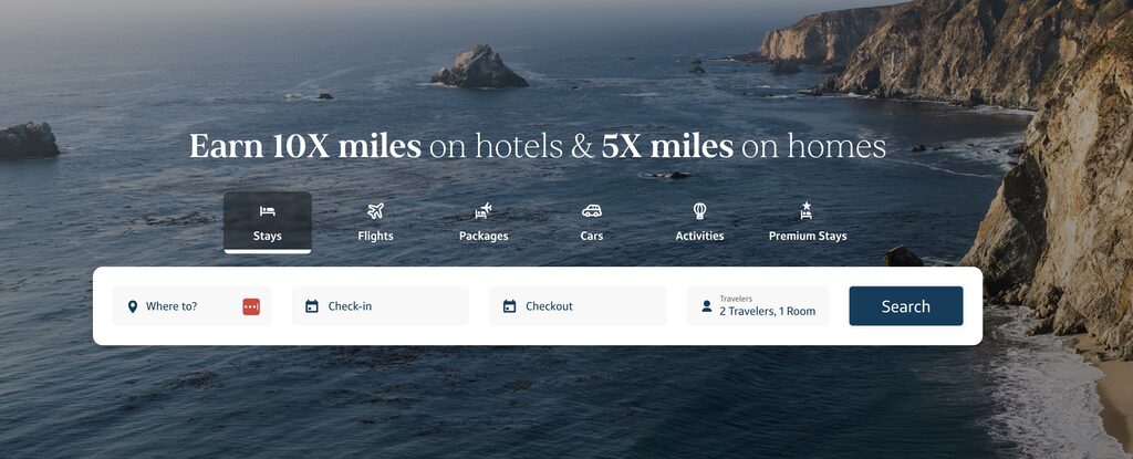 Capital One Travel hotel search page over a rocky coastal landscape with the text "Earn 10X miles on hotels & 5X miles on homes." The booking tool includes options for stays. Flights. Packages. Cars. Activities. Premium Stays. Destination. Check in. Checkout. "2 Travelers. 1 Room." Search.